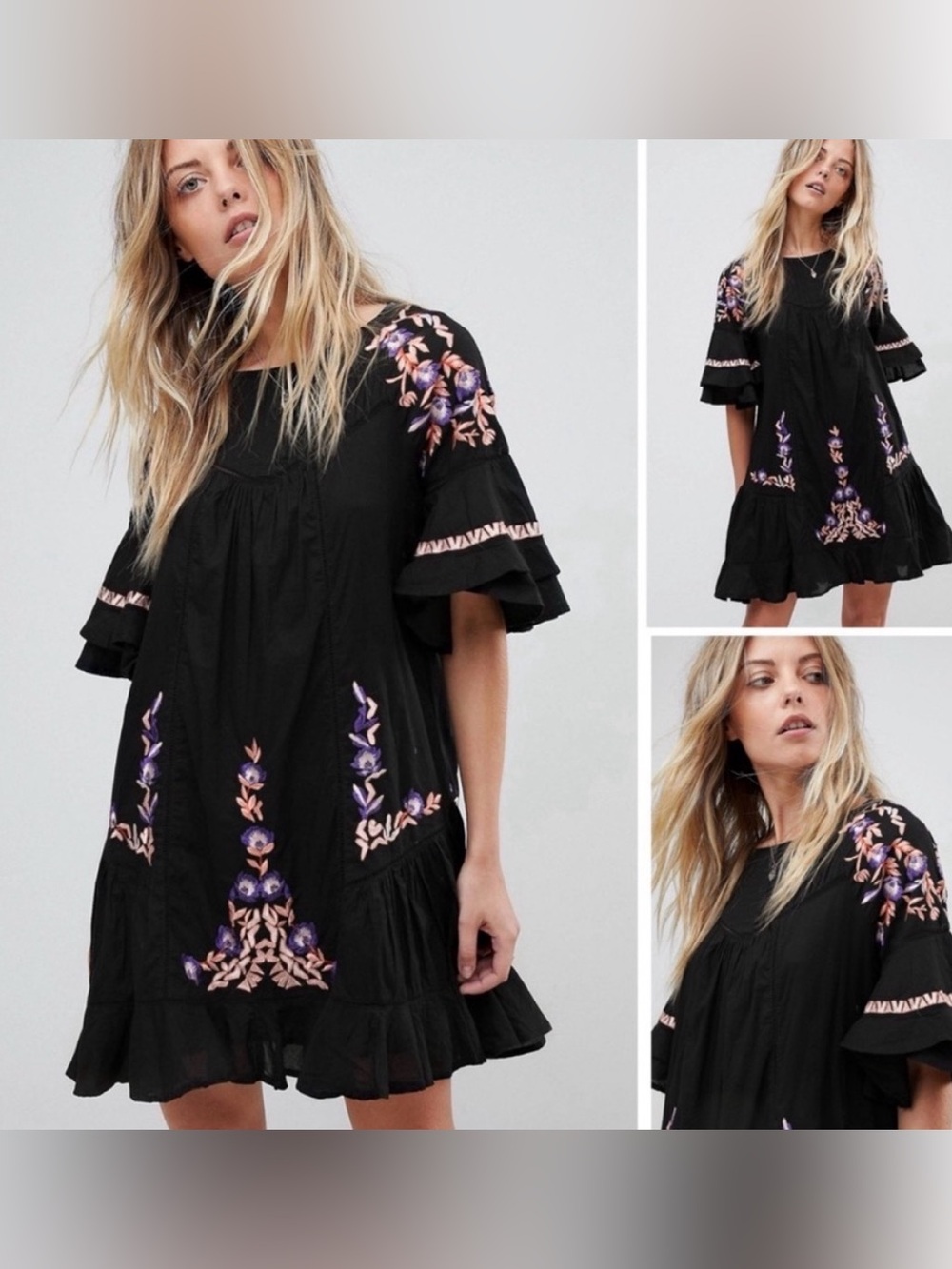 Free People Pavlo Babydoll Dress Black Embroidered Floral Boho Small